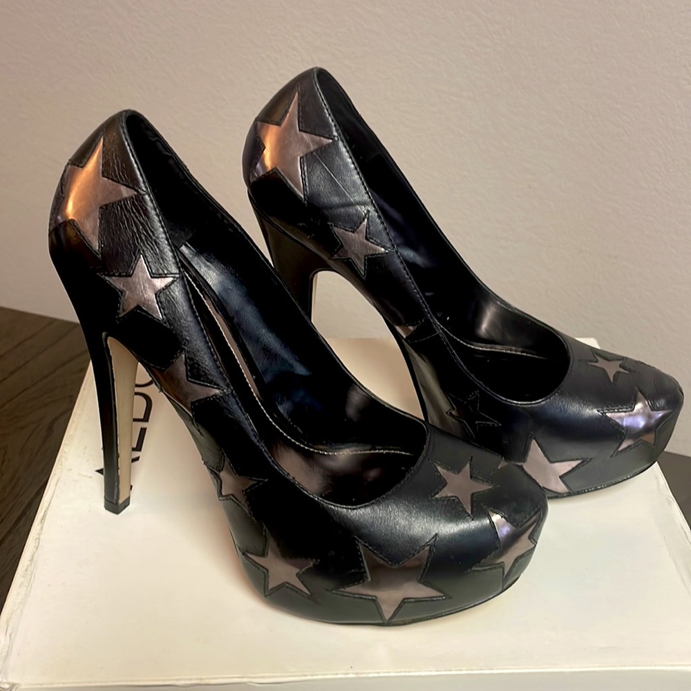 Aldo platform heels black with silver stars.